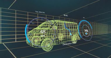 3D kablo karavan modeli ızgara tünelinde geziniyor, hız ve pil göstergeleri, navigasyon oku gösteriyor. Fütürist, dijital, teknoloji, otomotiv, görselleştirme, navigasyon, arayüz