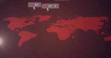 Kırmızı dünya haritası karanlık arkaplanda, yüzen sosyal medya ölçümlerini gösteriyor, 3D görüntüleme. Coğrafya, analitik, teknoloji, veri görselleştirme, dijital arayüz, fütüristik, iletişim