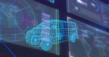 Parlak mavi 3D ızgarada yüzen Cyan telli minibüs modeli ve arayüz panelleri grafikleri gösteriyor. Fütürist, teknoloji, dijital, yenilik, sanal gerçeklik, veri görselleştirme, 3D görüntüleme