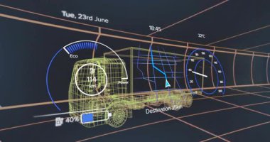 Tel çerçeve 3D kamyon modeli gelecekteki gösterge panelinde gösteriliyor, göstergeler ve harita arayüzü gösteriliyor. Teknoloji, yenilik, ulaşım, otomotiv, dijital, veri görselleştirme, arayüz