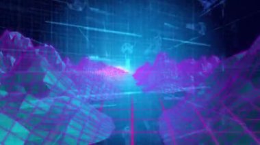 Veri analistleri yüzen kod parçacıkları ve neon şebeke arazisiyle teknoloji manzarası araştırıyorlar. Fütürist, dijital, siber, teknolojik, soyut, sürükleyici, canlı