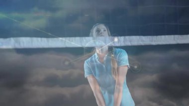 Kadın sporcu voleybol ağının üzerinden geçerken spor teknolojisi ağı üstüste biniyor. Sporcu, spor, dijital, teknoloji, ağ, fitness, performans