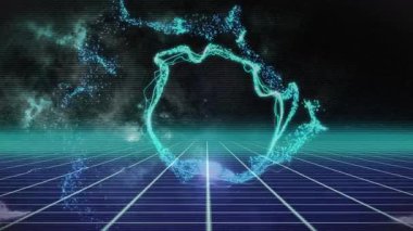 Retro-gelecekçi dijital şebeke düzlemi genişliyor, parlayan neon ışını yükseliyor, arıza kümeleri yanıp sönüyor. Siber uzay, bilim kurgu, neon, soyut, teknoloji, dijital sanat, fütüristik