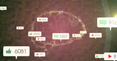 Kablo çerçevesi ağ küresi ızgara boşluğunda titreşiyor, yüzen başparmaklar, oynat, yorum simgeleri var. Teknoloji, dijital, fütüristik, ağ, yenilik, bağlantı, soyut