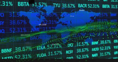 Dünya haritası ve dünya haritası ile değişen ve veri işleyen numaraların resmi. Küresel iş dünyası dijital arayüz teknolojisi ve dijital olarak oluşturulan ağ konsepti.