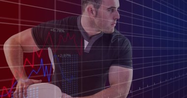 Kafkasyalı erkek ragbi oyuncusu üzerinden veri işleme görüntüsü. Küresel spor ve dijital arayüz kavramı dijital olarak oluşturulmuş görüntü.