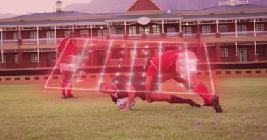 Stadyumda çeşitli rugby oyuncularının oynadığı neon stadyumun görüntüsü. ragbi ligi dünya kupası ve spor konsepti dijital olarak üretilen görüntü.