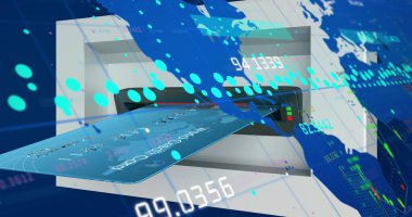 Kredi kartı okuyucusunun finans merkezindeki kartlarla ilgilendiğini gösteriyor. Rakamsal çizelgeler ve çizelgelerle. Fintech, digital, analytics, siber güvenlik, işlem, bankacılık, veri görselleştirme