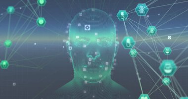 İnsan kafası modeli üzerinden bağlantı ağının görüntüsü. Küresel bilim, bağlantılar, veri işleme ve dijital arayüz kavramı dijital olarak oluşturuldu.