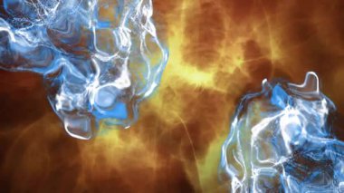Kozmik 3 boyutlu yüzen şeffaf mavi sıvı şekiller kahverengi turuncu nebula arkaplanlı. Fütürist, soyut, akışkanlık, kozmik, organik, aydınlık, dokulu