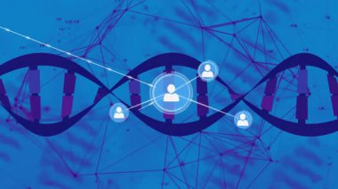 DNA sarmalları 3 boyutlu olarak canlandırılıyor, mavi arkaplandaki parlayan kullanıcı simgelerini mor düğümlerle birleştiriyor. Bilim, teknoloji, yenilik, bağlantı, veri, siber güvenlik, dijital