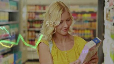 Market koridorunda ürünleri inceleyen kadın tüketici animasyon sarı finans çizelgeleri sergiliyor. Perakende, tüketici, ticaret, analitik, dijital, veri, alışveriş