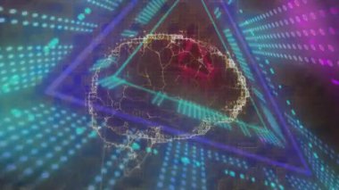 Karanlık şebeke üzerinde parlayan altın ağ beyin yapısı düz tasarım içinde dinamik neon ışınları yayıyor. Sibernetik, yenilik, gelecek, teknoloji, dijital, soyut, yüksek teknoloji