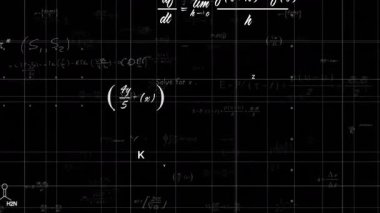 Beyaz tebeşir formülleri ve siyah şebeke üzerinde düz dizayn tarzında hareket eden moleküler diyagramlar. Bilimsel, eğitici, modern, analitik, hassas, teknik, şematik