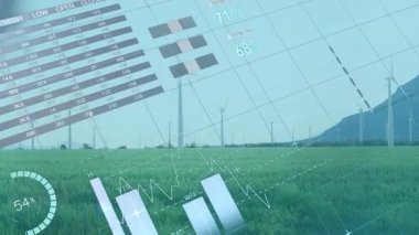 Düz dizayn veri tabloları yerleştirilirken, yeşil çimen alanında rüzgar türbinlerinin dönüşümlü görüntülenmesi. Yenilenebilir enerji, sürdürülebilirlik, teknoloji, çevre, düşük yalan makinesi, fütüristik, bilgi
