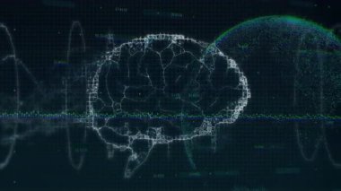 Üç boyutlu parçalı çokgen beyin, dalga biçimi verileri ve sayısal kümelerle ızgara üzerinde canlandırma yapıyor. Gelecek, veri, görselleştirme, teknoloji, yapay, zeka, dijital