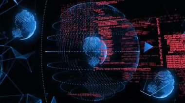 Merkezi holografik küre dijital boşlukta yüzüyor, eşmerkezli veri noktaları ve kırmızı kod gösteriyor. Siber uzay, veri görselleştirme, gelecek, teknoloji, ağ, sanal gerçeklik, dijital mimari