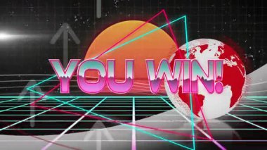 Neon şebekesi turuncu güneşe doğru uzanıyor, gradyan sen kazandın! Parlayan merkez beyaz küre dönüyor. Fütürist, dijital, enerjik, bilim kurgu, soyut, neon, teknolojik