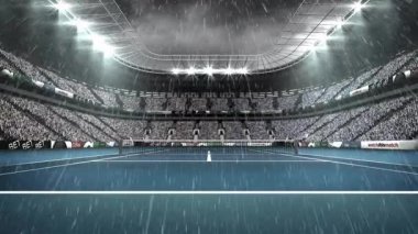 Mavi tenis kortu ve net yoğun yağmur altında stadyumda, projektörlerde, afişlerde canlandırılıyor. Spor, rekabet, açık hava, arena, hareket, zafer, çevre