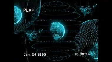 Koyu arayüzde yüzen neon mavi noktalı küreler PLAY simgesini, zaman damgasını ve ağ çizgilerini gösteriyor. Dijital, geleceksel, teknoloji, veri, ağ, arayüz, görselleştirme