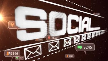 NETworK kırmızı boşlukta yüzen noktalı metin, zarf simgeleri, sohbet baloncukları, rozetler gösteriyor. Teknoloji, iletişim, siber uzay, dijital, fütüristik, veri, bağlantı