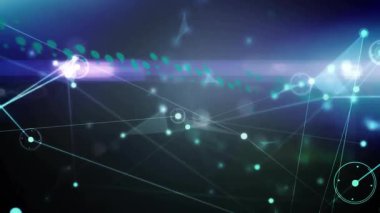 Soyut parlayan düğümler, üç boyutlu sanal ağ ve deniz mavisi çizgilerini birleştirip yüzdürüyor. Teknoloji, fütürizm, yenilik, dijital, bağlantı, veri görselleştirme, sibernetik