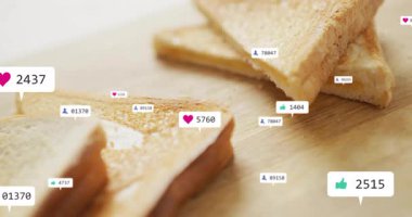 Tepki simgeleri havada süzülürken üç boyutlu tost dilimlerini gösteren üç boyutlu bir resim. Kahvaltı, brunch, sosyal medya, dijital bağlılık, kırsal, canlı, gündelik