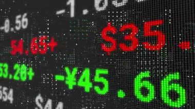 Finansal veriler koyu 3D nokta matris panelinde yüzen renkli parmaklarla görselleştiriliyor. Teknoloji, arayüz, dijital, analitik, ekran, veri görselleştirme, geleceksel