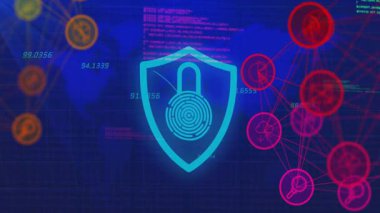 Siber güvenlik paneli, turuncu simgeler ve düğümlerle siber kalkan ve ızgaraya kilitlendiğini gösteriyor. Siber savunma, veri güvencesi, dijital koruma, ağ izleme, bilgi teknolojisi, güvenli yeniden bağlantı, sistem entegrasyonu