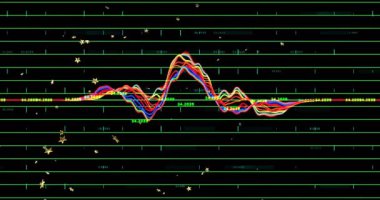 Yüzen sayısal etiketler ve altın yıldızlarla siyah neon ızgarada salınan çok renkli dalga biçimi. Fütürist, dijital, soyut, teknoloji, veri, canlı, dekoratif