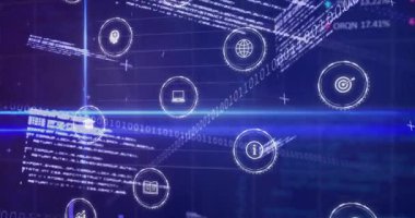 Yüzen arayüz simgeleri koyu mavi ızgara üzerinde hareket ederek ikili akımları ve çizgi grafiklerini görselleştiriyor. Futuristik, teknoloji, veri, görselleştirme, dijital, arayüz, analiz