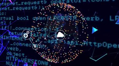 Karanlık 3D gösterge paneli üzerinde birbirine bağlı bilgisayar simgelerinden oluşan bir ağ canlandırılıyor. Fütüristik, teknoloji, ağ, siber, dijital, görselleştirme, yenilik