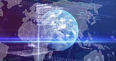 Ağ arayüzü üzerinde dönen 3 boyutlu Dünya küresi, kılavuz çizgileri ve ikili kodları gösteriyor. Dijital, bilim kurgu, gelecek, teknoloji, bağlantı, veri, küresel