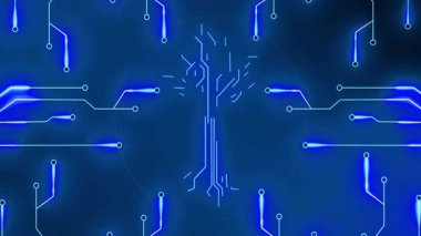 Merkezi stilize devre ağacı parlıyor ve bağlantılar yayıyor, düğümler ve yollar gösteriyor. Futuristik, teknoloji, dijital, ağ, soyut, yenilik, siber