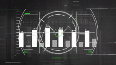 Çizgi grafiği ve dalga biçimi olan altı çubuk üzerinde dairesel ölçüm gösteren üç boyutlu canlandırma veri paneli. Teknoloji, analitik, fütürizm, arayüz, veri, görselleştirme, dijital
