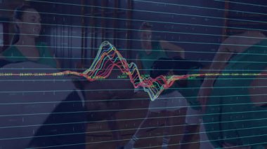 Altı sporcu ahşap kortta geriniyor, deniz mavisi ve spor analizi için cesur dalgalanmalar gösteriyor. Fitness, takım çalışması, performans, teknoloji, eğitim, çeviklik, analiz