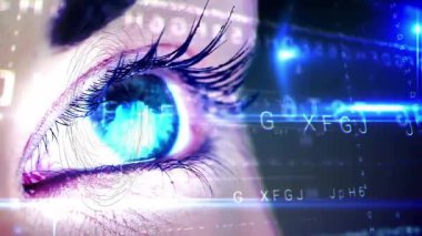 Kapalı göz kapağı hologram parmak izi ve süzülen mavi ışık çizgileriyle taranıyor. Biyometrik, güvenlik, fütüristik, teknoloji, kimlik doğrulama, dijital, yenilik