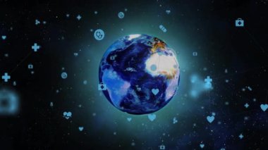 Turuncu ağ hatları sağlık ikonlarını birbirine bağlayan üç boyutlu görüntülerle uzayda süzülen Dünya. Gezegen, bağlantı, yenilik, teknoloji, dijital, tıbbi, küresel