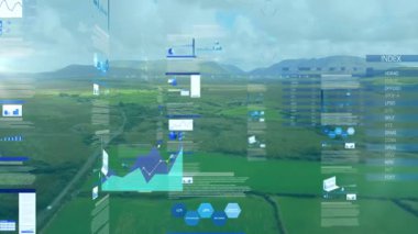 Saydam gösterge panelleri tarım arazisi üzerinde süzülüyor, pasta grafikleri çizelgeleri çizelge tabloları sergiliyor. Tarım, veri görselleştirme, fütürist, çevre dostu, teknoloji, analitik, kırsal