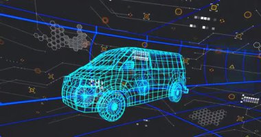 Neon-blue 3D kablo karavan modeli ızgaranın üzerinde yüzüyor, altıgen UI kümeleri ve veri akışlarını birbirine bağlıyor. Teknoloji, yenilik, fütürizm, dijital, sanal, ağ, soyut