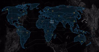 Karanlık şebeke panelinde yüzen dünya haritası renkli işaretler ve altıgen dizilerinin düz dizaynını gösteriyor. Küresel, teknolojik, geleceksel, veri görselleştirme, ağ, dijital arayüz, soyut