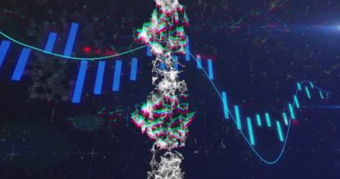 Neon parçacık sütununu gösteren dijital finans görselleştirmesi, yüzen şamdan çubukları. Gelecek, teknoloji, veri, soyut, yenilik, dijital, canlı