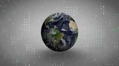 Gri gradyan zeminde yüzen 3 boyutlu Dünya küresi, yeşil beyaz veri işaretlerini gösteriyor. Teknoloji, veri görselleştirme, dijital sanat, fütüristik, soyut, küresel, analitik