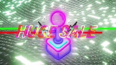 Neon-HuGE satış metni stilize olmuş joystick ikonunun arkasında eğri büğrü metalik ızgara boyunca akıyordu. Neon, dijital, fütüristik, canlı, teknoloji, reklamcılık, animasyon