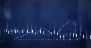 Canlandırılmış gösterge paneli, mum çubuklarını gösteriyor. Neon çizgisi boyunca parlayan mavi çizgiler, tepelerin izini sürüyor. Finans, analitik, teknoloji, neon, dijital, gösterge paneli, veri görselleştirme