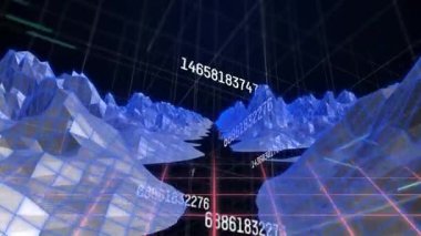 Üç boyutlu dijital kablo şeması, yüzen sayısal verileri kırmızı şebeke zemininde mavi ağla gösteriyor. Gelecekçi, siber uzay, teknoloji, veri görselleştirme, sanal gerçeklik, geometrik, modern