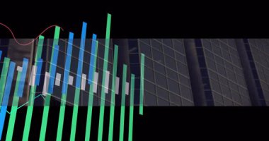 Canlandırılmış veri görselleştirmesi, cam ızgara üzerinde pembe cyan çizgileri olan yeşil mavi çubukları gösteriyor. Analizler, bilgi grafikleri, modern, kurumsal, dijital, soyut, fütürist