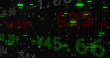 Karanlık piksel ızgarasında yüzen ikili basamaklar, bozuk çubukları, kırmızı yüzdeleri ve ondalıkları gösteriyor. Siber güvenlik, veri görselleştirme, gelecek, teknoloji, dijital arayüz, bilgi güvenliği, yüksek teknoloji