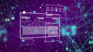 Merkezi dijital arayüz paneli mor gradyan arkaplan üzerinde hareket ediyor, neon ağ hatlarını gösteriyor. Teknoloji, yenilik, siber güvenlik, veri görselleştirme, dijital çevre, neon, bağlantı