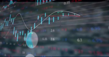 Cyan şamdan çubuklarını beyaz, kırmızı trend çizgileri ve göstergelerle kaplayan finans paneli. Analizler, veri görselleştirme, teknoloji, finansal, dijital arayüz, gösterge paneli, kesinlik